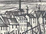drawing of a view of a city with a clock tower in the distance