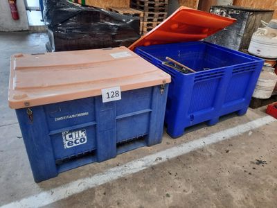 two blue and orange containers sitting next to each other