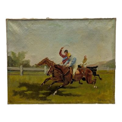 tableau représentant deux jockeys à cheval dans un champ bordé d'une clôture