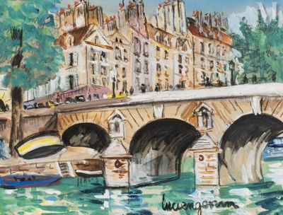a painting of a bridge over a body of water