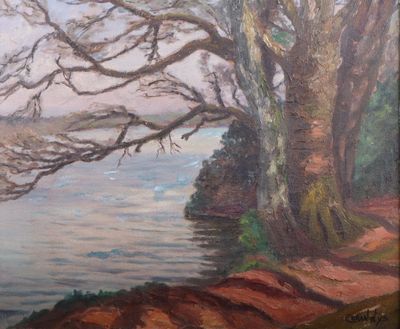 une peinture à l'huile d'un arbre au bord d'un plan d'eau