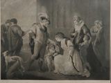 a black and white drawing of a group of people standing in a room
