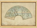 un tableau représentant un éventail avec des arbres et de l'eau en arrière-plan