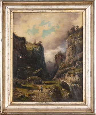 a painting of a mountain scene with a castle in the distance