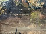 an oil painting of a mountain scene with a river in the foreground and trees in the background