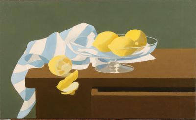 une peinture représentant des citrons dans un saladier en verre posé sur une table