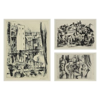trois dessins en noir et blanc représentant des bâtiments et des passants dans une rue