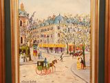 painting of a street scene with a horse drawn carriage in the foreground