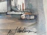 a watercolor painting of a church on the beach
