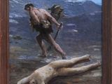 une image représentant un tableau où l'on voit un homme tenant un bâton à côté d'un animal mort