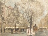 un tableau représentant des personnes marchant dans une rue d'une ville