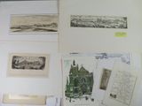 many different pictures of a building on the wall