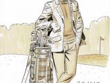 drawing of a man with a bag of golf clubs in his hand