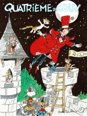 dessin humoristique représentant un homme coiffé d'un haut-de-forme, perché sur une échelle devant un château sur lequel se trouvent des chats