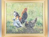 painting of a group of chickens in a field of grass