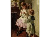 un tableau représentant deux petites filles et un petit garçon assis sur un banc