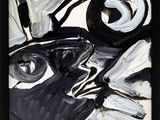 peinture abstraite en noir et blanc représentant un homme portant un chapeau et des lunettes