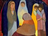 an oil painting of a group of people standing in front of a cross