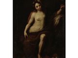 un tableau représentant une femme nue assise sur un rocher
