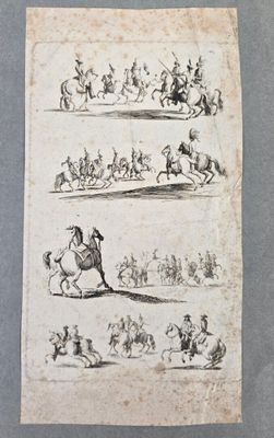 un vieux dessin représentant un homme à cheval, aux côtés d'autres hommes à cheval