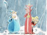 drawing of a group of cartoon characters standing in front of a cave