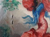 a painting of a woman in a red hat and blue scarf