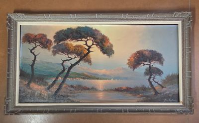 painting of a landscape with trees and a lake in the foreground