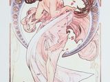 un tableau représentant une femme aux cheveux longs, vêtue d'une robe
