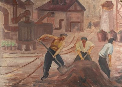 un tableau représentant un groupe d'hommes travaillant sur une colline