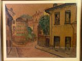 tableau représentant une scène de rue avec des bâtiments et un bateau sur l'eau