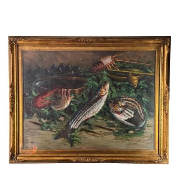 une peinture à l'huile représentant des poissons posés sur une table, à côté d'un saladier de légumes