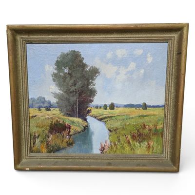 an oil painting of a river running through a lush green field