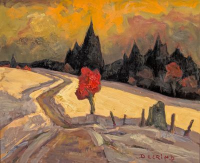 une peinture à l'huile représentant un arbre solitaire sur un chemin de terre