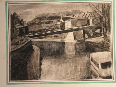 a black and white drawing of a city by the water