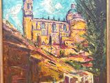 an oil painting of a building with a clock tower on top of it
