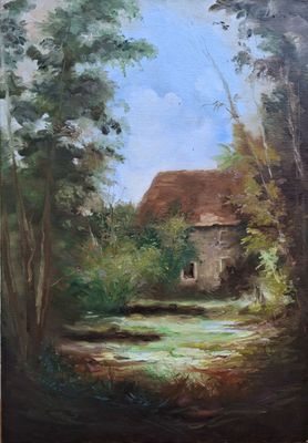 an oil painting of a house in a wooded area with trees