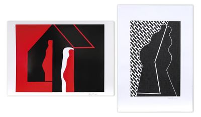 two black and red prints of a woman and a man