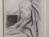 dessin représentant un homme aux cheveux longs et à la barbe, assis sur une chaise