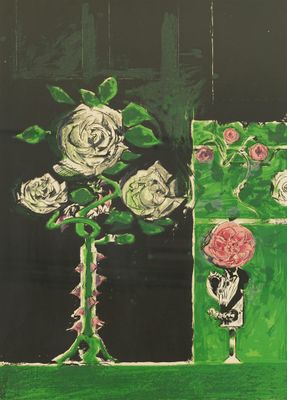 a painting of flowers in a vase on a table