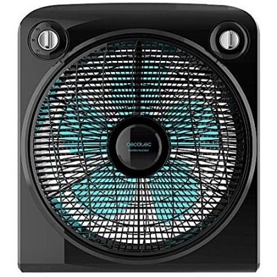 a close up of a black and blue fan on a white background