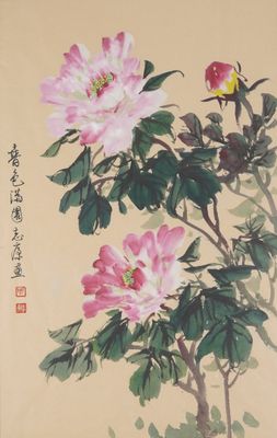 peinture chinoise représentant des pivoines et un oiseau perché sur une branche