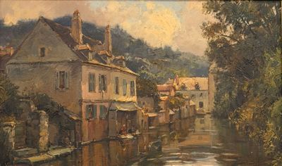un tableau représentant une rivière traversant une petite ville