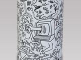 a black and white picture of a trash can with drawings on it