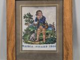 an old cross stitch picture of a boy with a bird in his hand