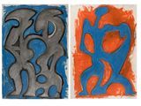 two paintings of different colors and shapes are shown on a white background
