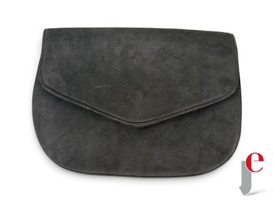 grey sued clutch bag with flap closure