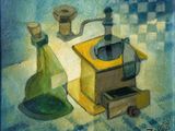 une peinture représentant un moulin à café et une bouteille posés sur une table