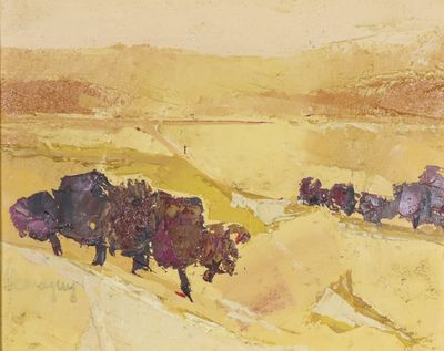 painting of a herd of bison walking across a dry grass covered field