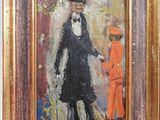 an oil painting of a man in a top hat and a woman in an orange dress