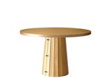 a wooden table with a round top on a white background